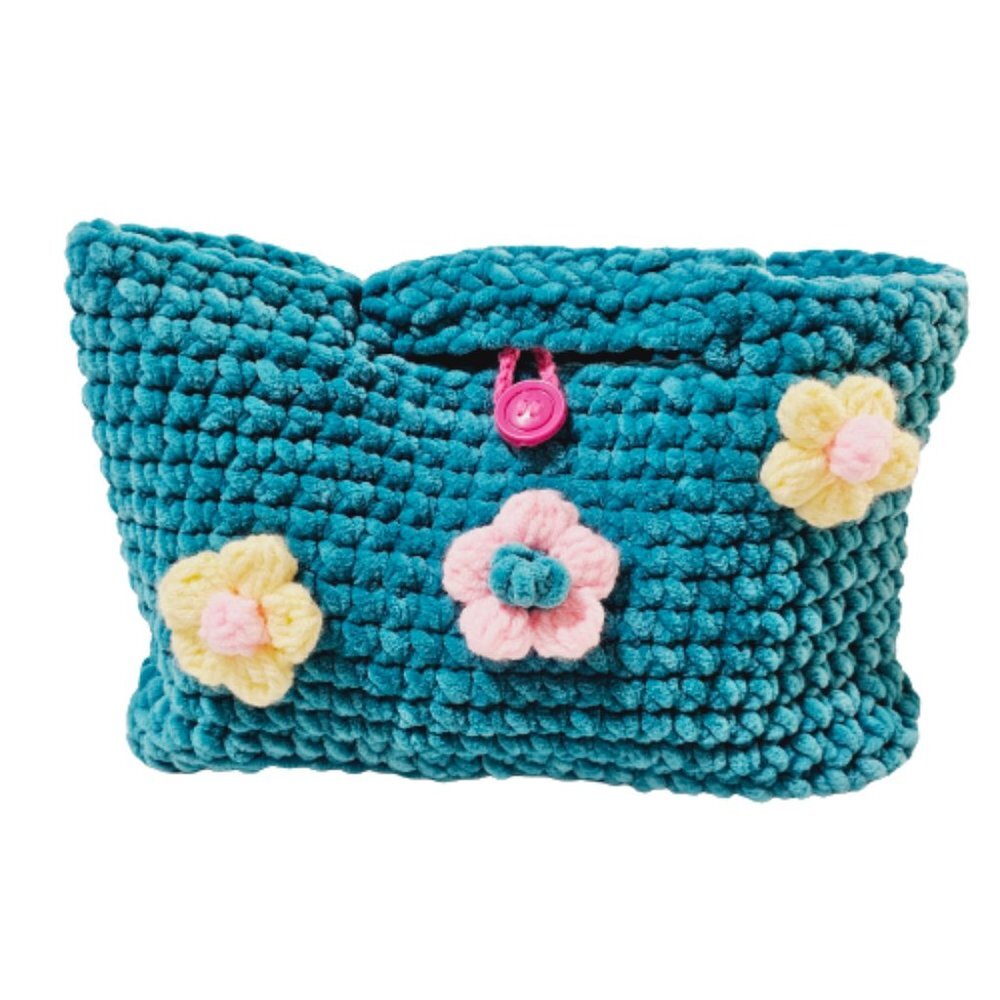 Teal Crocheted Clutch with Flowers